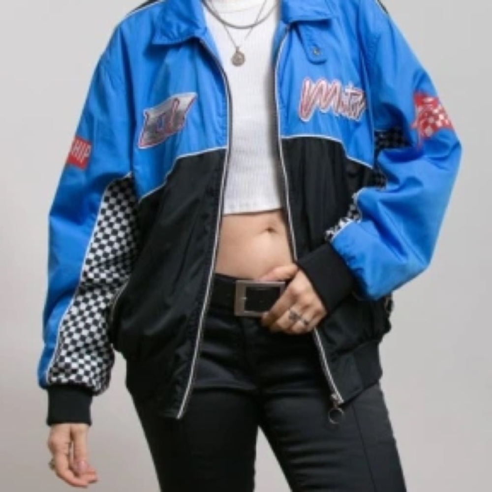 Bershka Blue and Black Checkerboard Racing Bomber Jacket